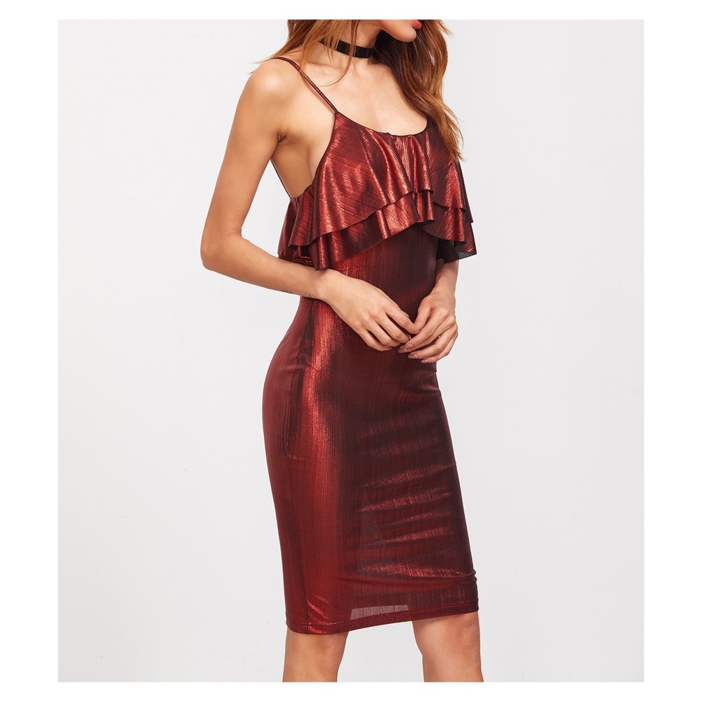Metallic Bodycon Midi Dress Ruffle Red - Picture 4 of 8